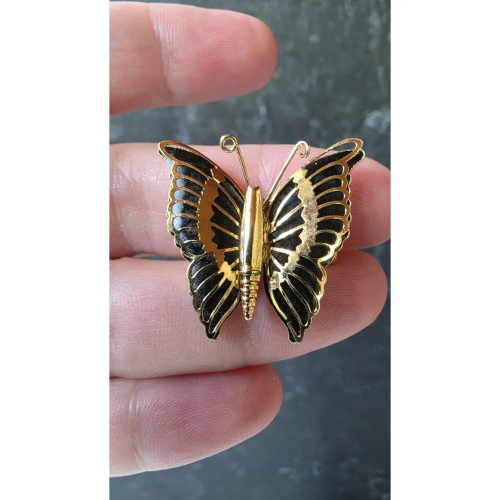 Black And Gold Tone Metal Butterfly Brooch Vintage Costume Jewelry